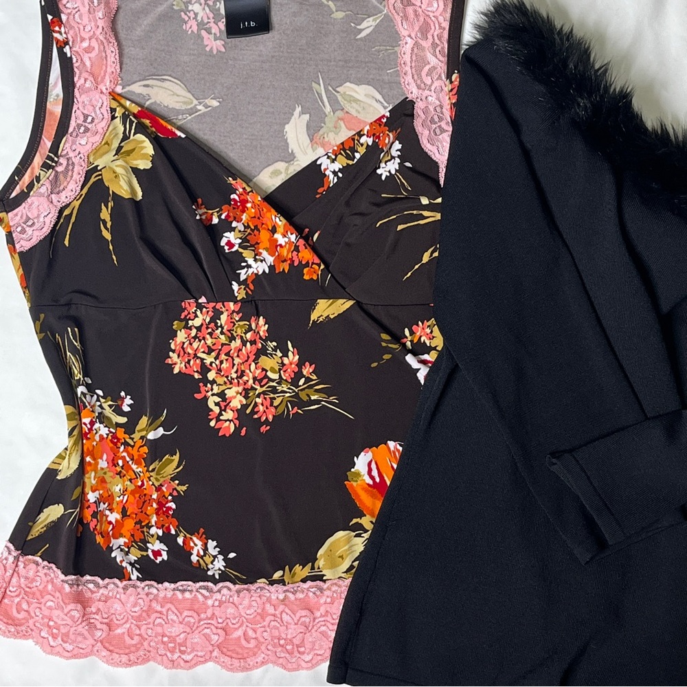 Y2K j.t.b. Floral Print Lace Trim Mock Wrap V Neck Top L Pink Brown Boho Spring - Picture 14 of 15